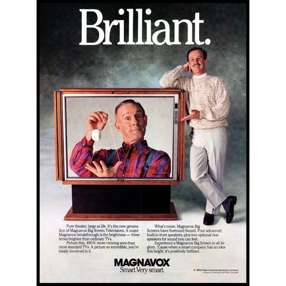 1988 Magnavox Big Screen TV Vintage Print Ad Smothers Brothers 80s High Tech Art - Picture 1 of 1